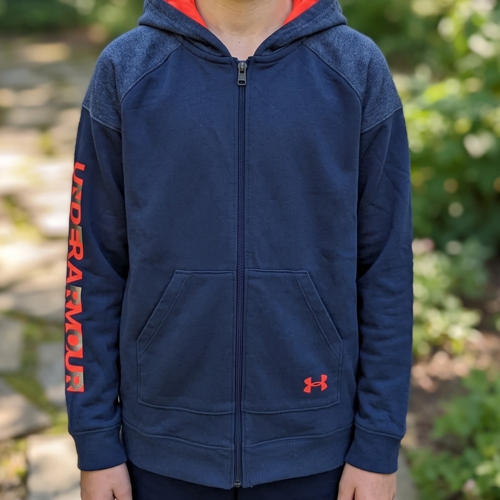 Under Armour Rival Terry Full Zip Hoodie Navy Red Graphic Sleeve Youth Large